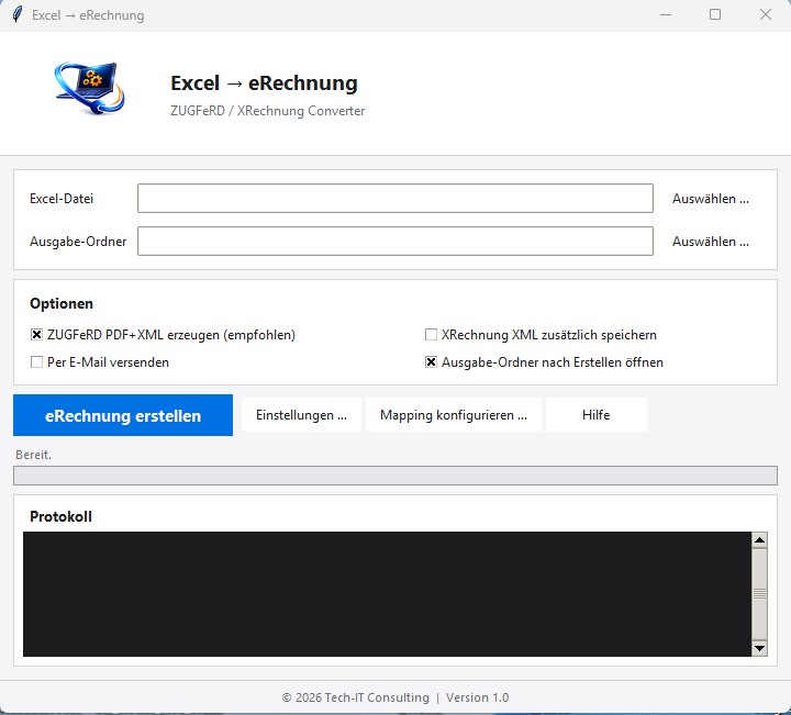 Excel eRechnung Tool — Benutzeroberfläche